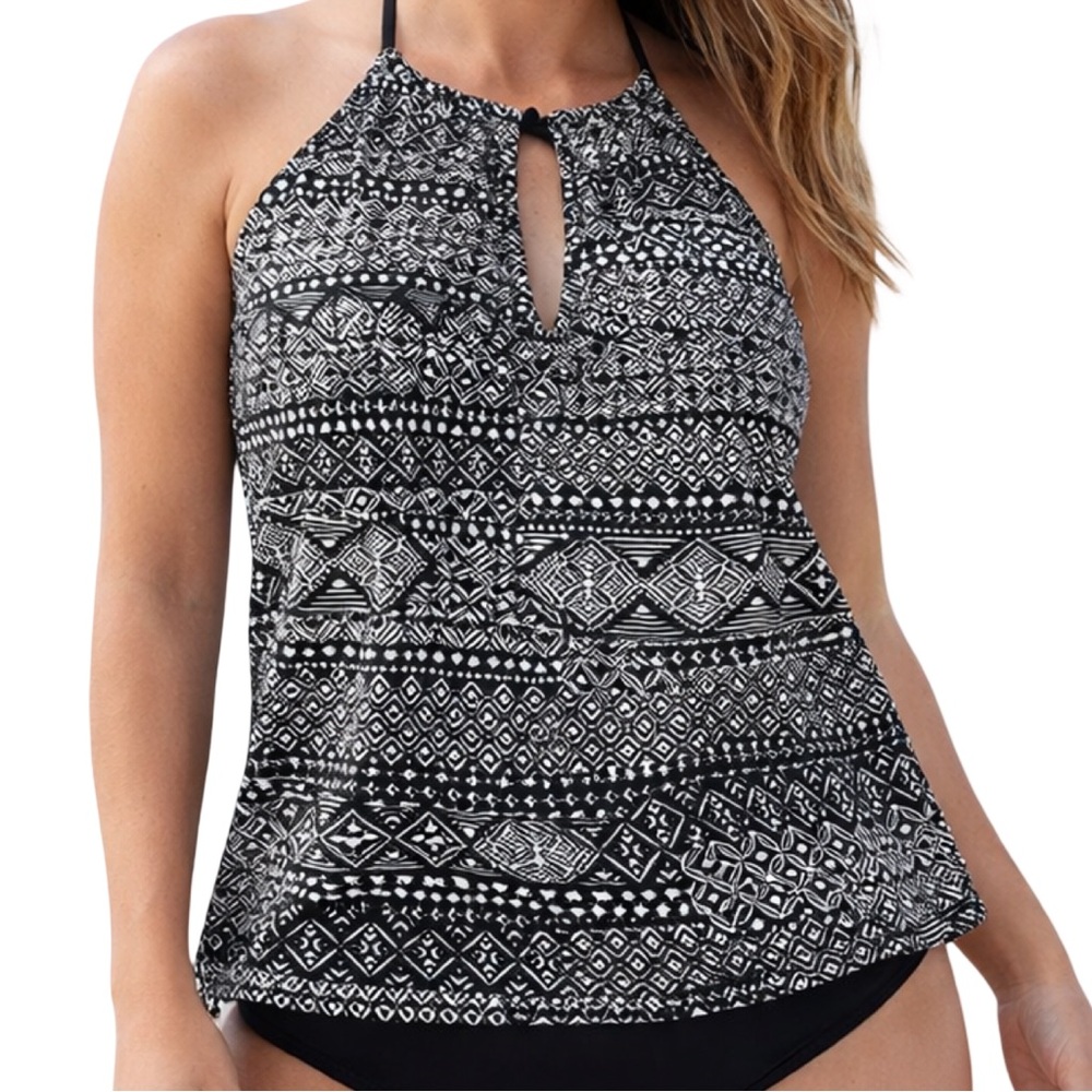 Kona Sol Black White Tribal Halter Tankini Top Large Boho Swim EUC